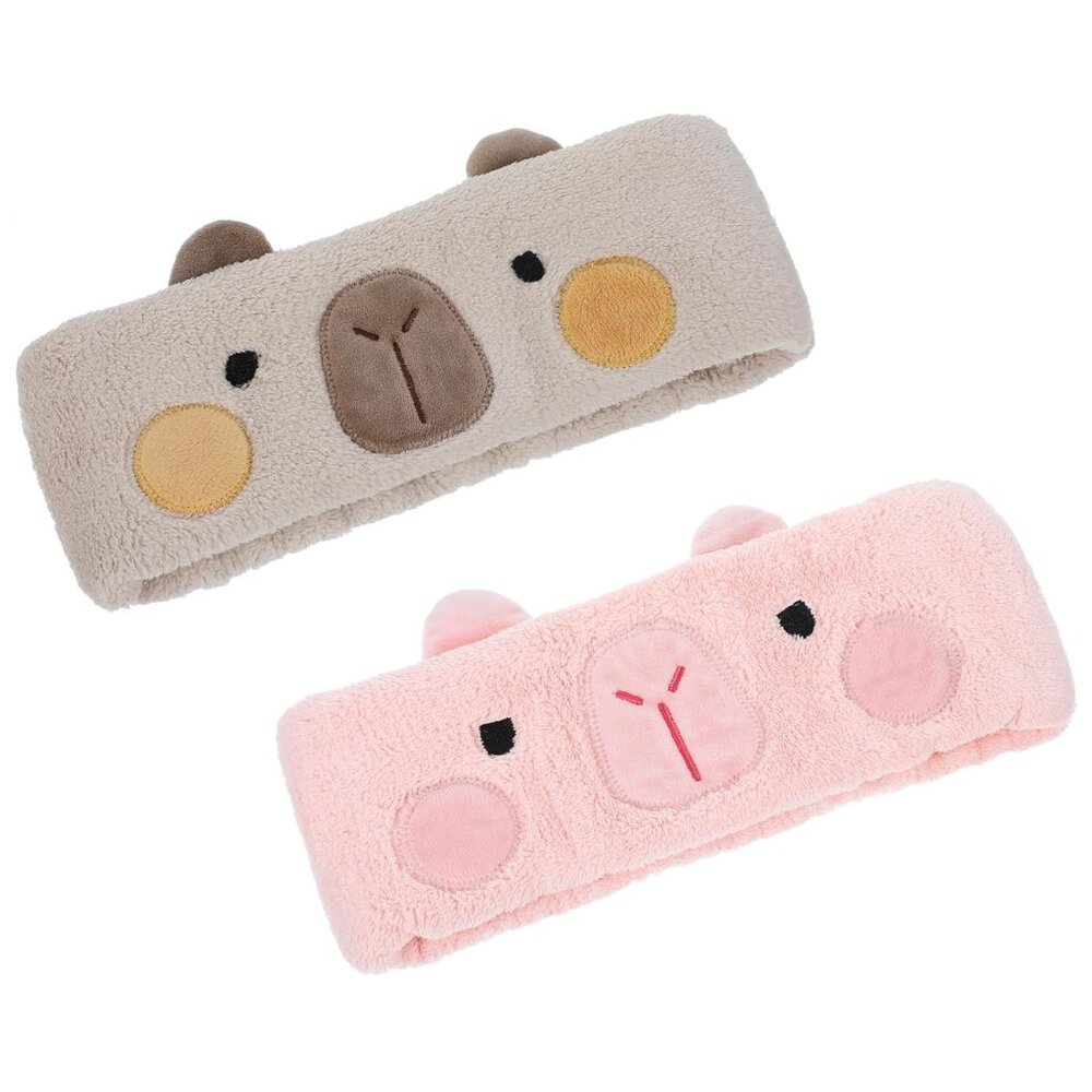 2 Packs Cute Spa Headband, Kawaii Capybara Elastic Hair Band Soft Coral Fleece C